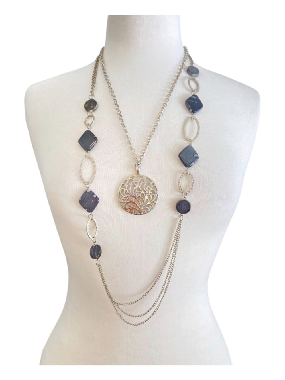 Modern Black & Silver Layered Necklace With Geometric Accents & Medallion Pendan